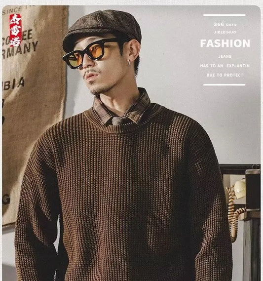 American Vintage Casual Sweater Men's Autumn Thick Thread Minimalist Basic Versatile Wear Solid Round Neck Long Sleeve Knit Top